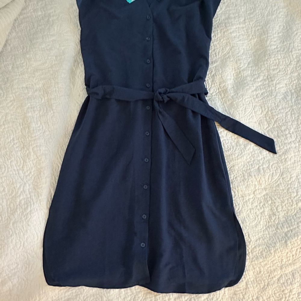 Womens Navy Button-Front Midi Dress with Tie Waist